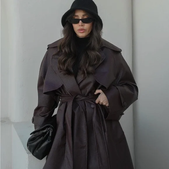 Burgundy Faux Leather Trench Coat - Picture 3 of 8